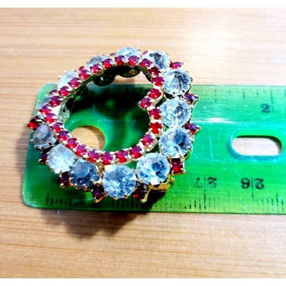 Vintage Heart Brooch White & Red Rhinestones Collectible Gold-Tone Pin 1.25" - Picture 6 of 7